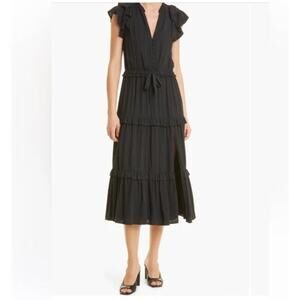 PAIGE Rozlyn Tiered Black Ruffle Midi Dress Women's Size Large
